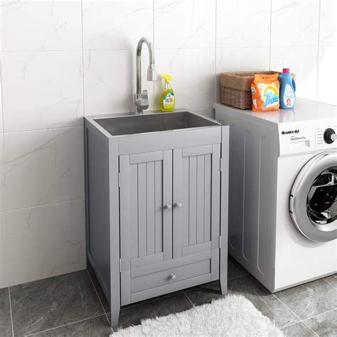 laundry utility sink cabinet stainless steel 2 doors flex-neck faucet|20 x 24 sink cabinet.